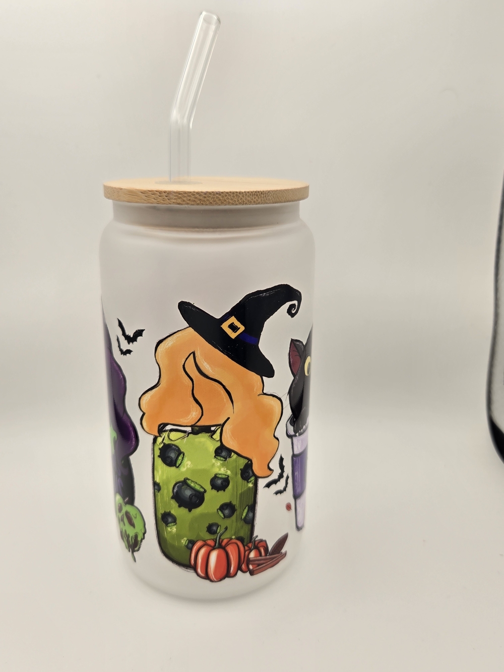 Frosted Halloween Glass Tumbler with Bamboo Lid and Straw - Red & Green Accents - Picture 3 of 5